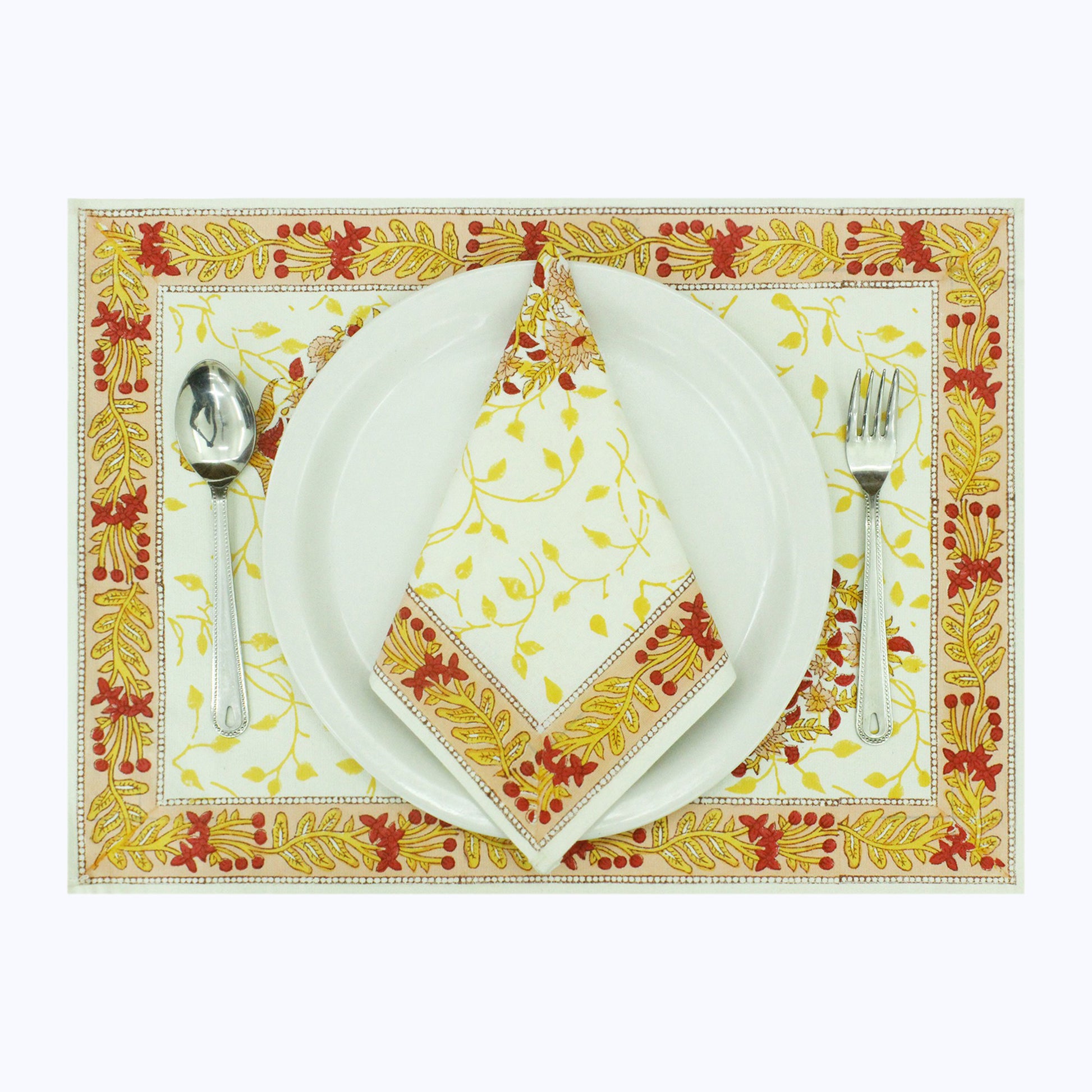 Floral Yellow and White Hand Block Printed Cotton Set 4 Napkins - My Store