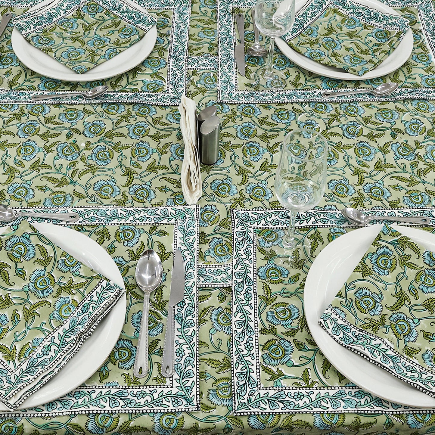 Indian Hand Block Printed Cotton Green Blue Rectangle Tablecloth - My Store