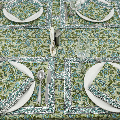Indian Hand Block Printed Cotton Green Blue Rectangle Tablecloth - My Store