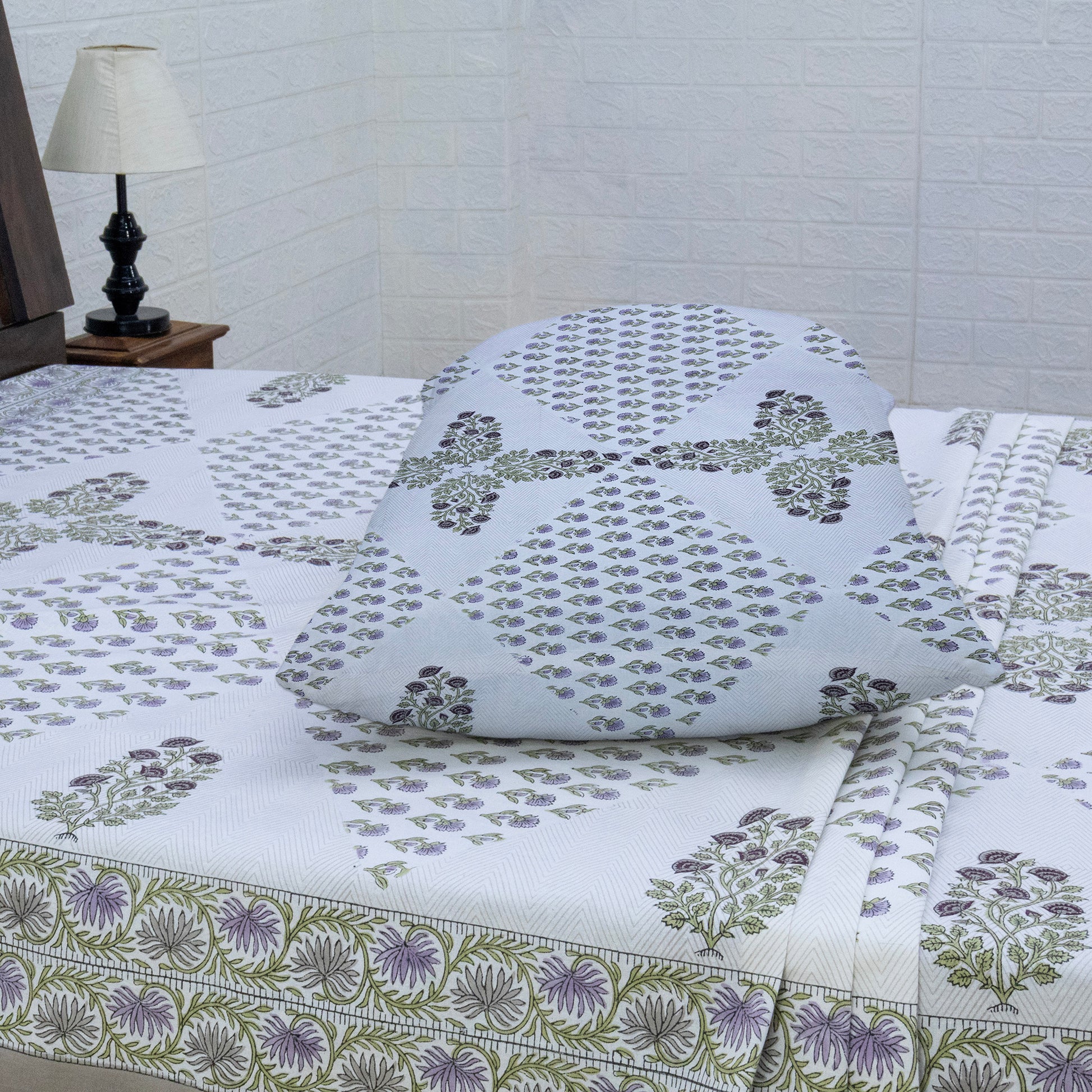 Indian Handmade Block Printed White and Green Floral Pattern Cotton Bed sheet For living Room, Kids Room - My Store