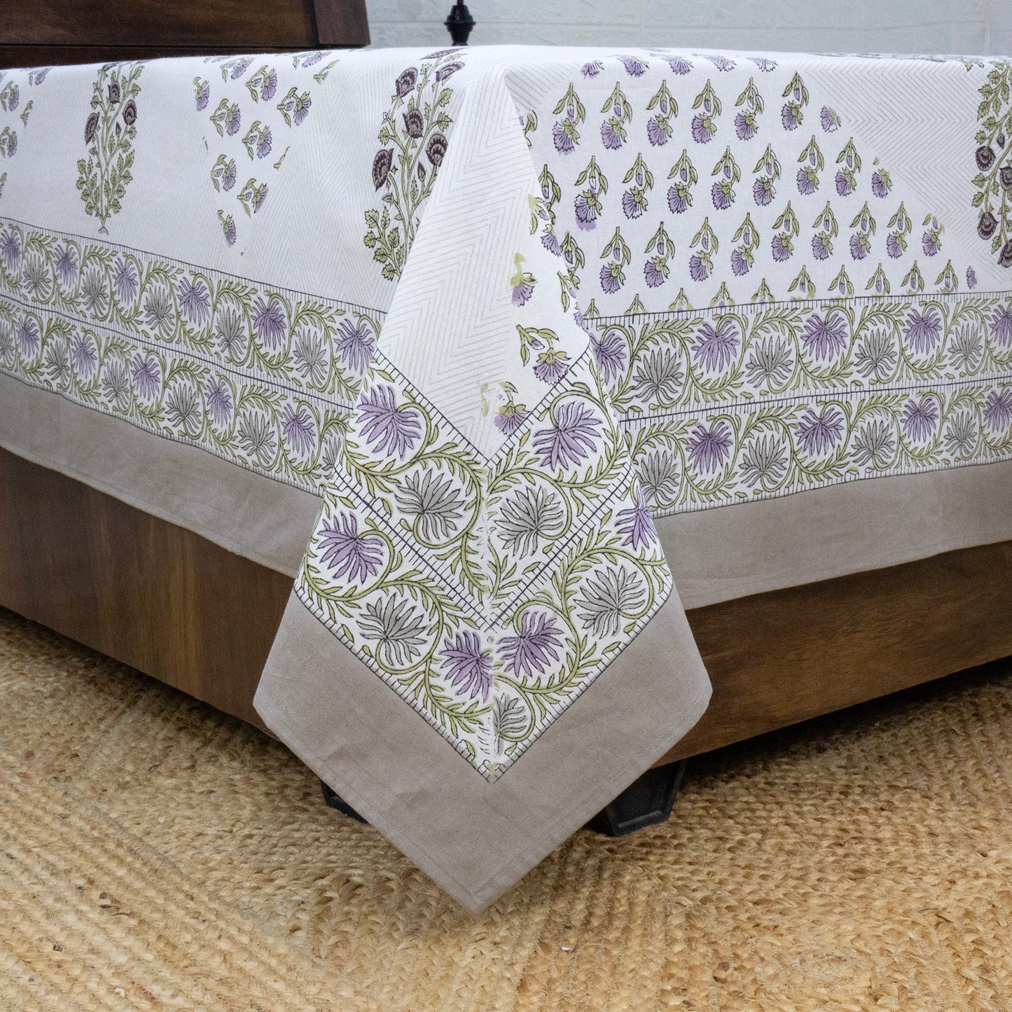 Indian Handmade Block Printed White and Green Floral Pattern Cotton Bed sheet For living Room, Kids Room - My Store