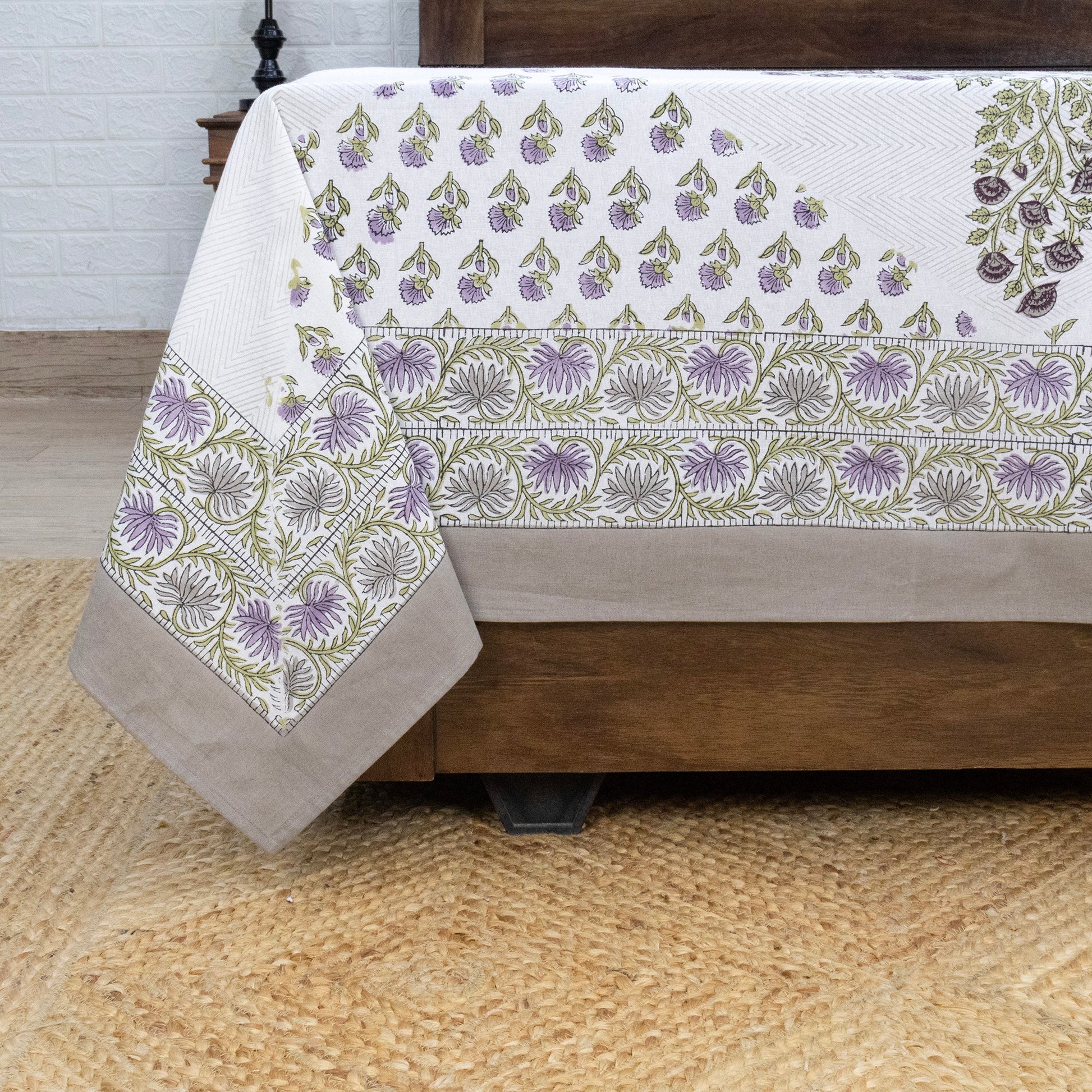 Indian Handmade Block Printed White and Green Floral Pattern Cotton Bed sheet For living Room, Kids Room - My Store