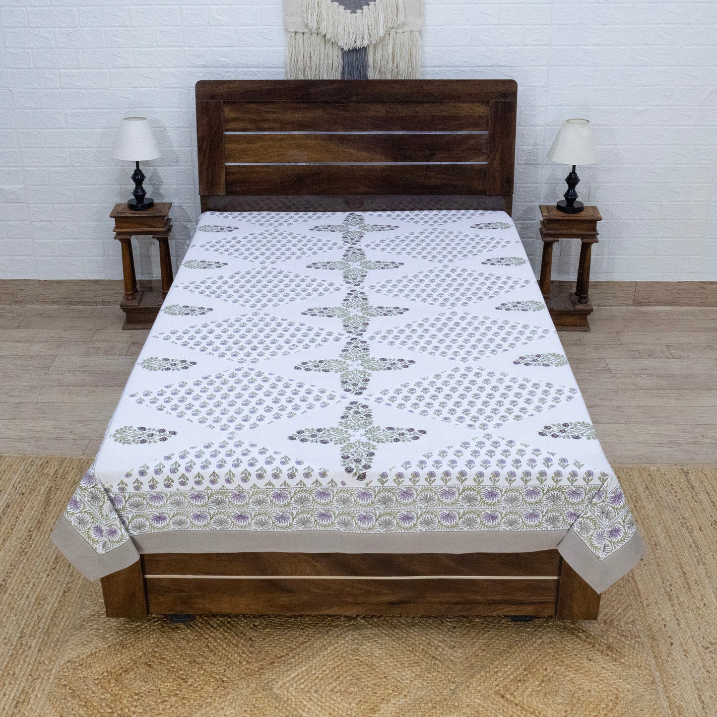 Indian Handmade Block Printed White and Green Floral Pattern Cotton Bed sheet For living Room, Kids Room - My Store