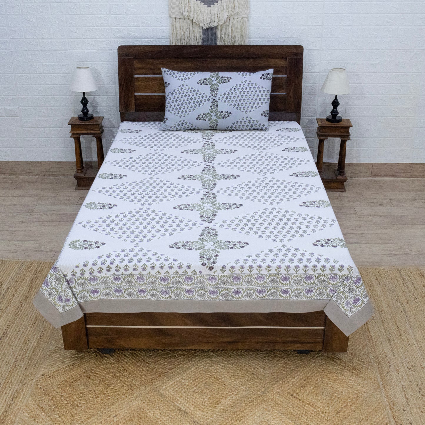 Indian Handmade Block Printed White and Green Floral Pattern Cotton Bed sheet For living Room, Kids Room - My Store