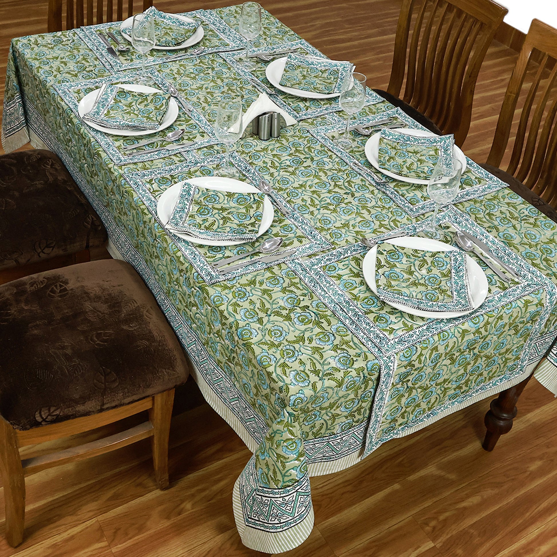 Indian Hand Block Printed Cotton Green Blue Rectangle Tablecloth - My Store