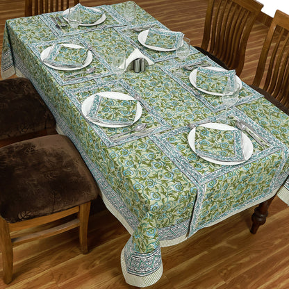 Indian Hand Block Printed Cotton Green Blue Rectangle Tablecloth - My Store