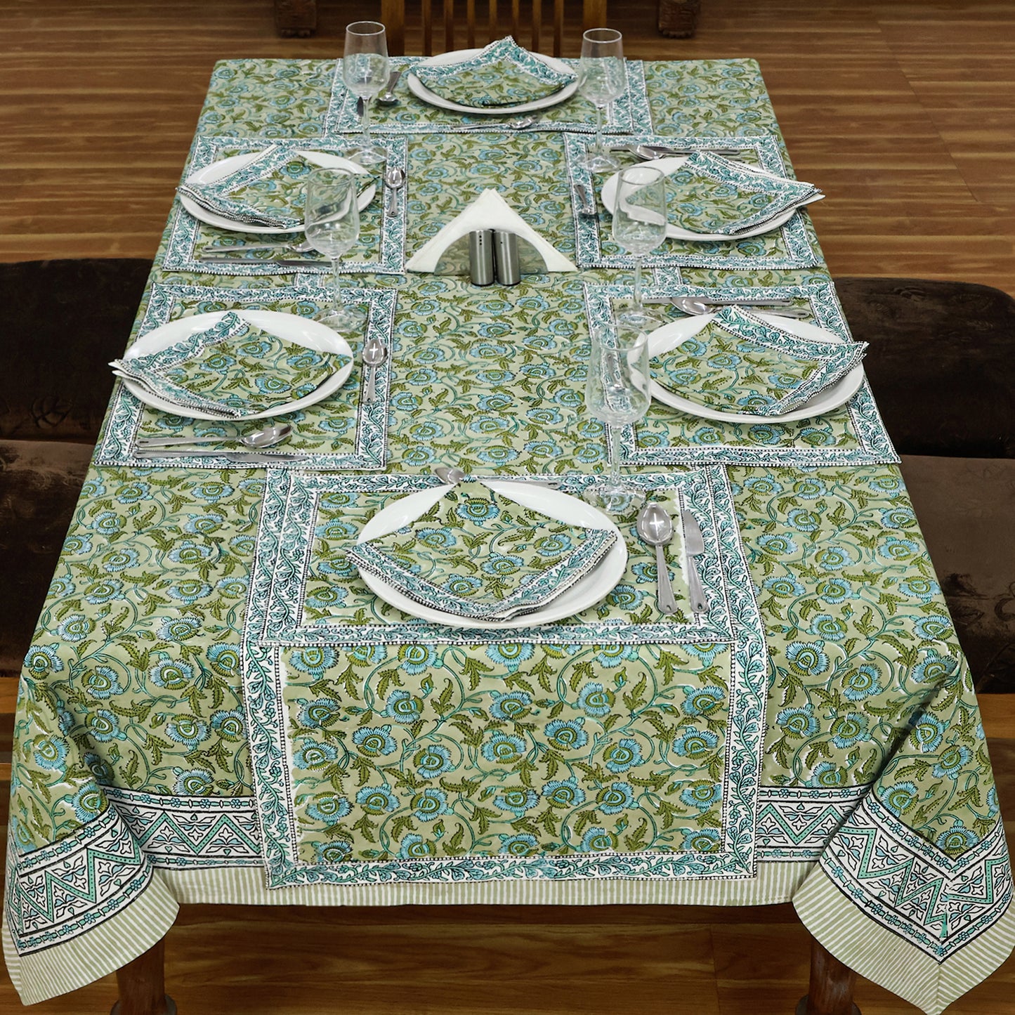 Indian Hand Block Printed Cotton Green Blue Rectangle Tablecloth - My Store