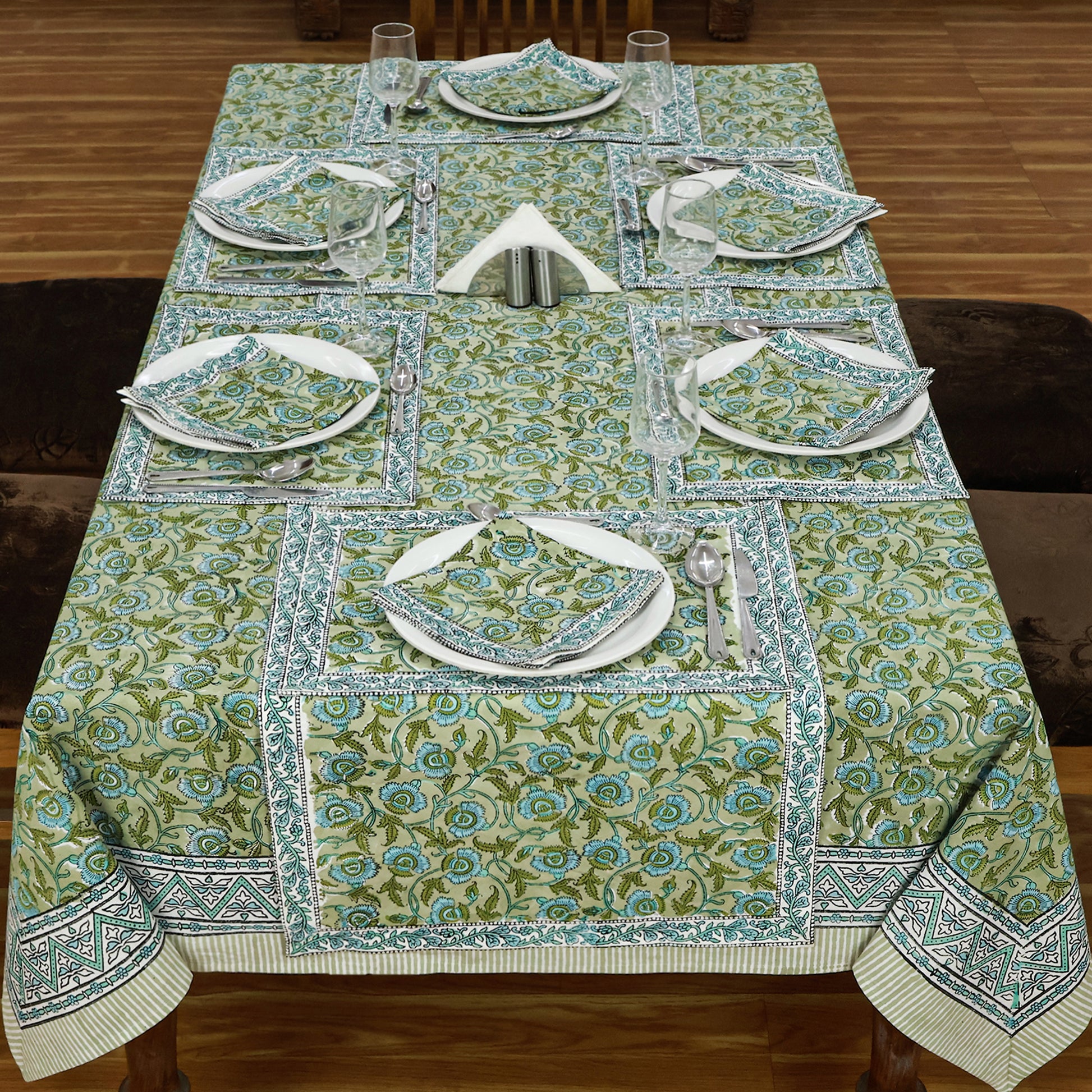 Indian Hand Block Printed Cotton Green Blue Rectangle Tablecloth - My Store