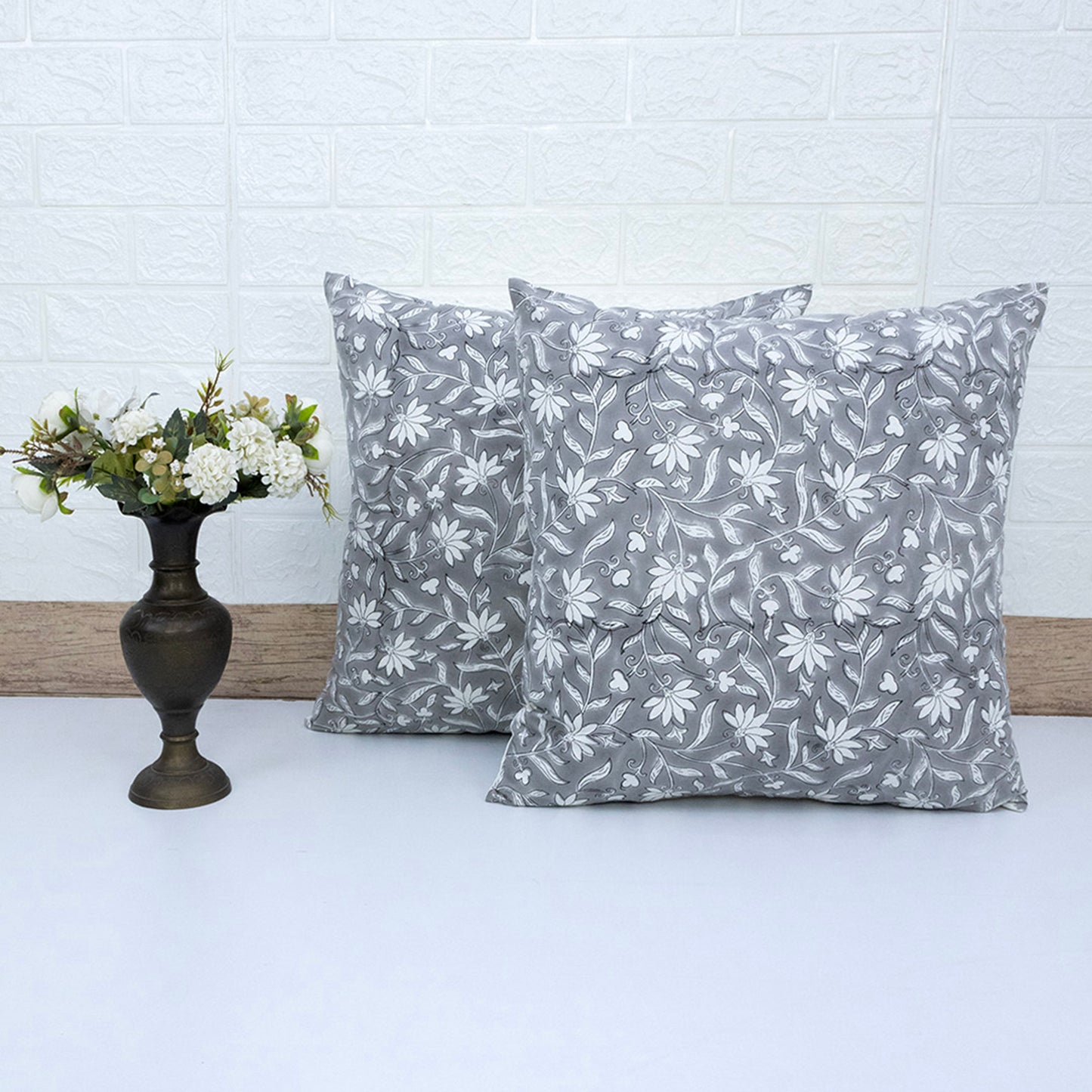 Grey Floral Cushion Cover – Cotton Decorative Pillow Cover