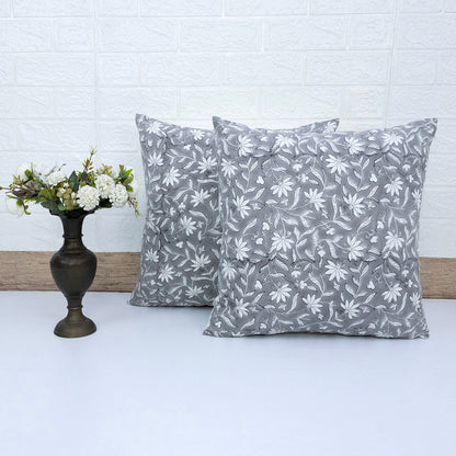 Grey Floral Cushion Cover – Cotton Decorative Pillow Cover