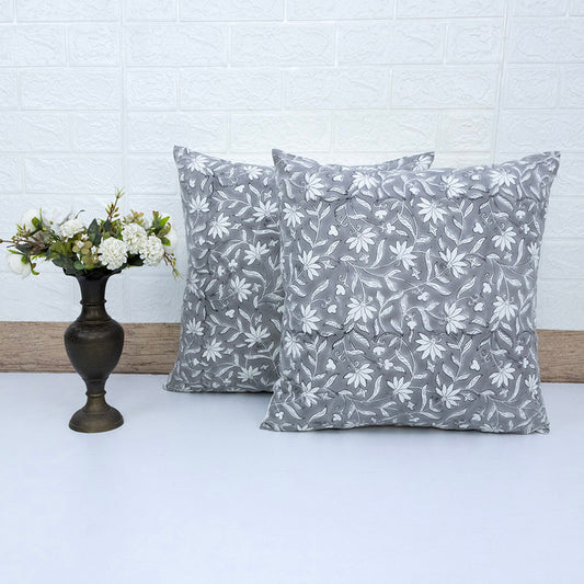 Grey Floral Cushion Cover – Cotton Decorative Pillow Cover