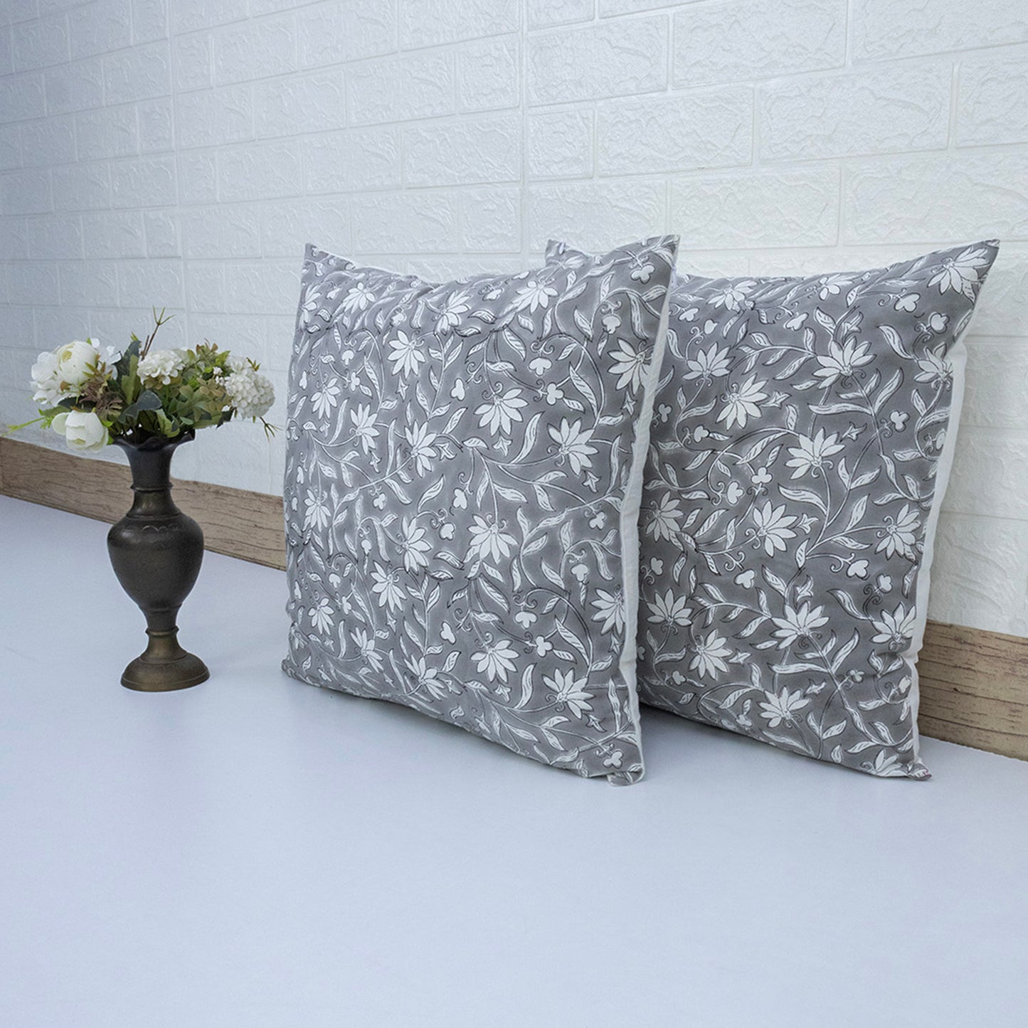 Grey Floral Cushion Cover – Cotton Decorative Pillow Cover