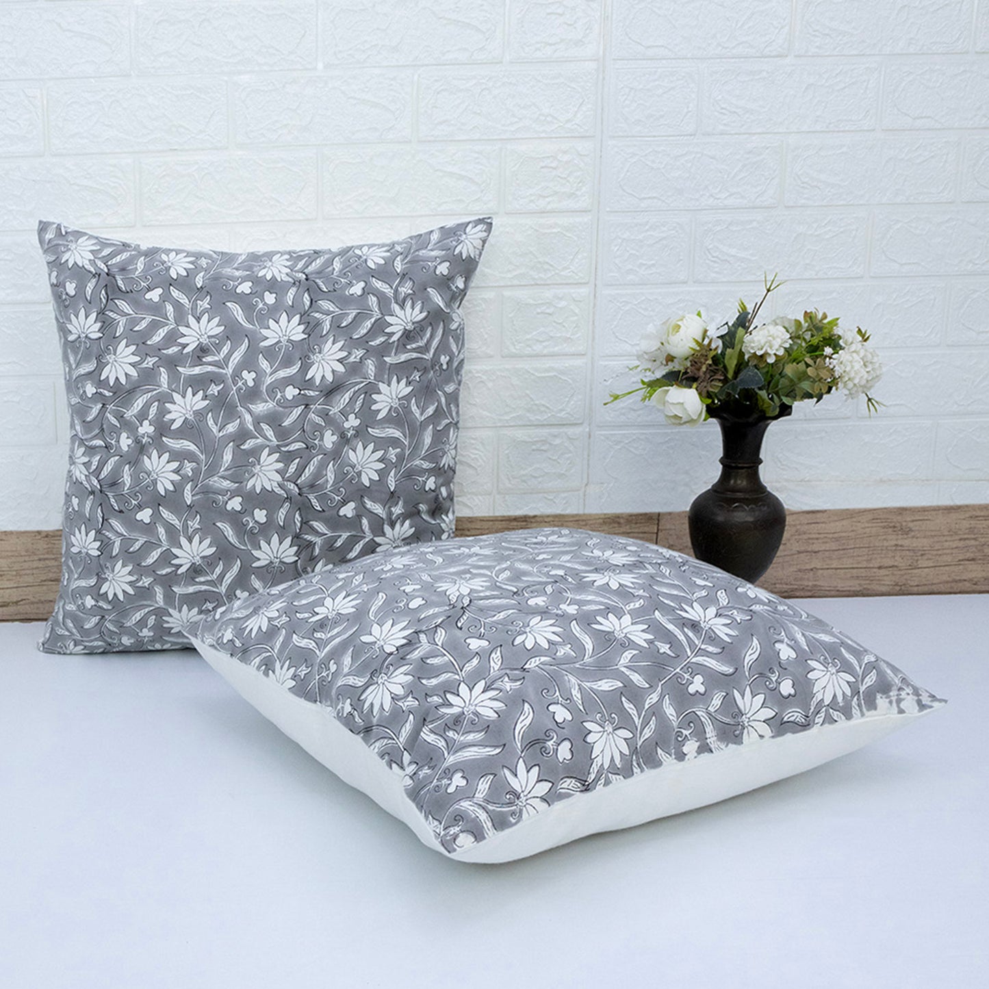 Grey Floral Cushion Cover – Cotton Decorative Pillow Cover