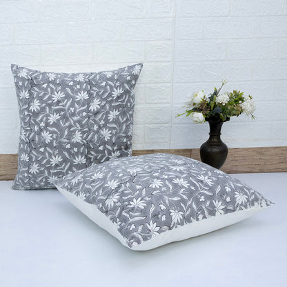 Grey Floral Cushion Cover – Cotton Decorative Pillow Cover
