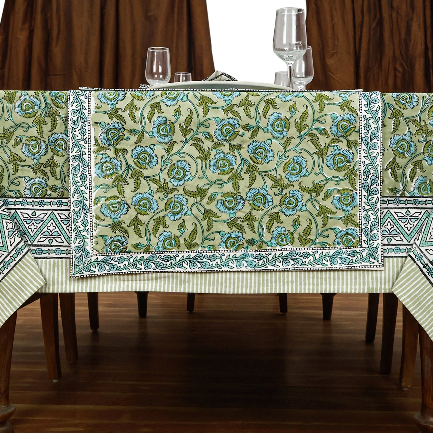 Indian Hand Block Printed Cotton Green Blue Rectangle Tablecloth - My Store