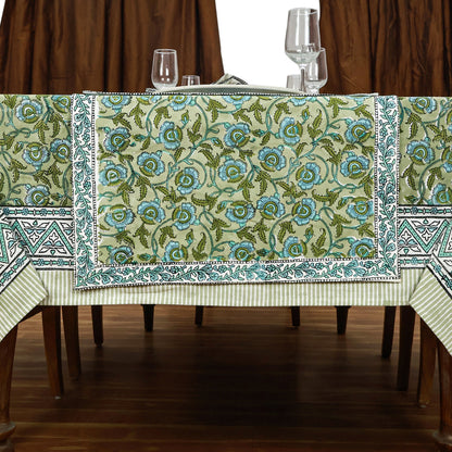 Indian Hand Block Printed Cotton Green Blue Rectangle Tablecloth - My Store