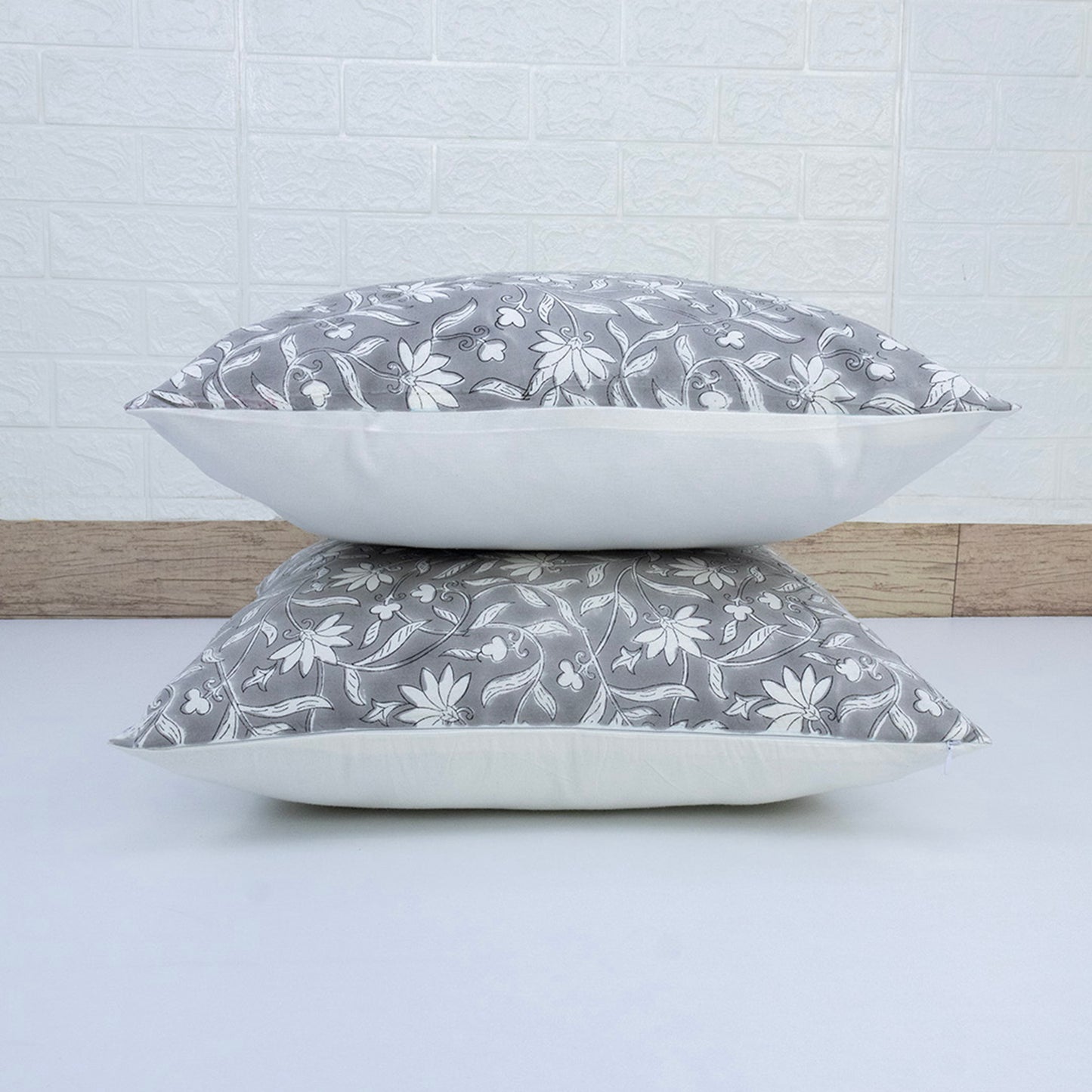 Grey Floral Cushion Cover – Cotton Decorative Pillow Cover