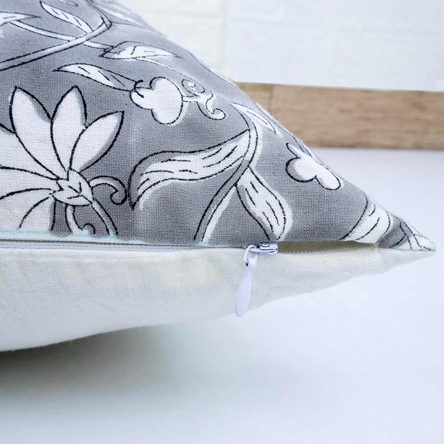 Grey Floral Cushion Cover – Cotton Decorative Pillow Cover