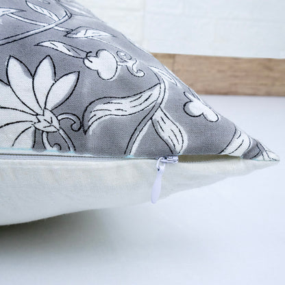 Grey Floral Cushion Cover – Cotton Decorative Pillow Cover