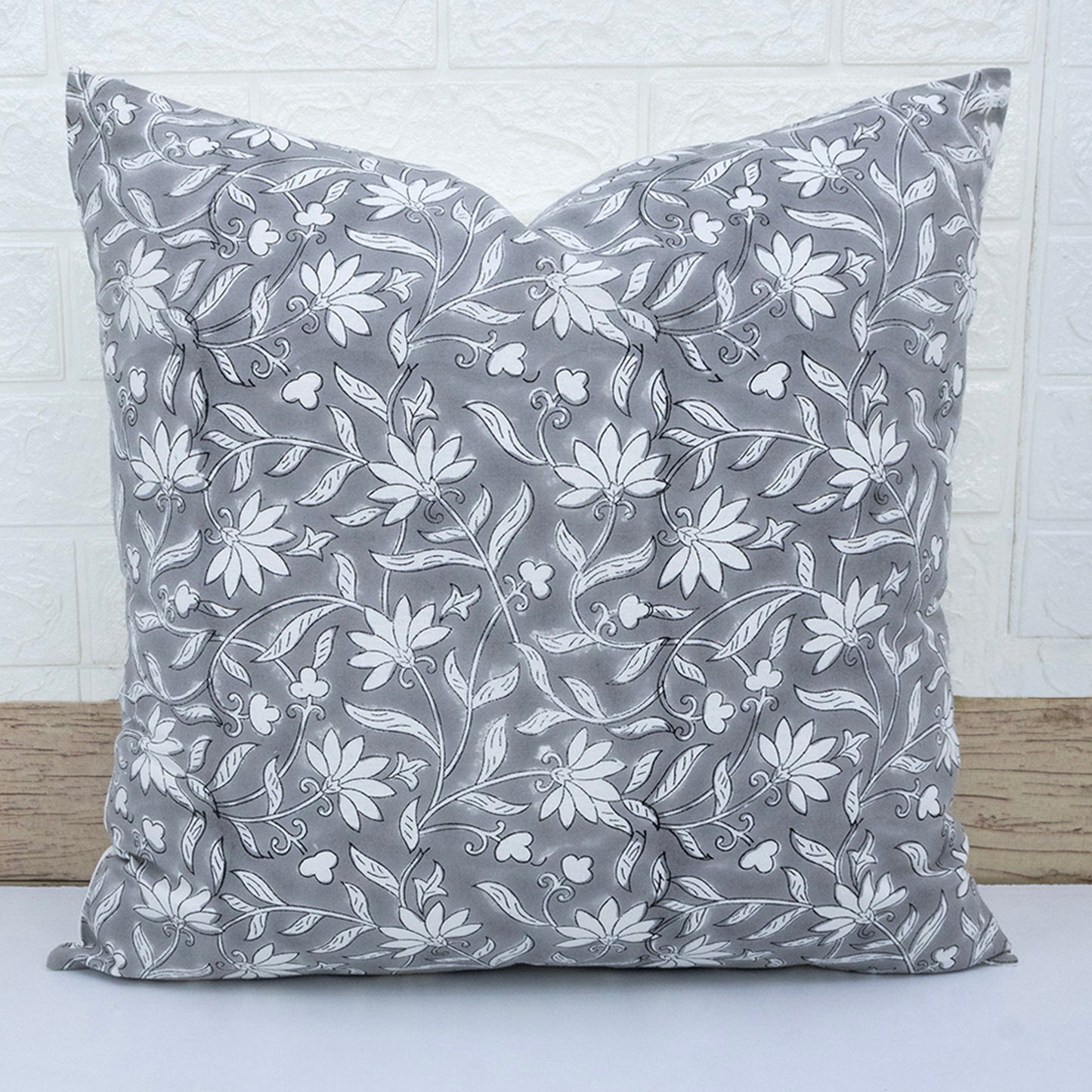Grey Floral Cushion Cover – Cotton Decorative Pillow Cover