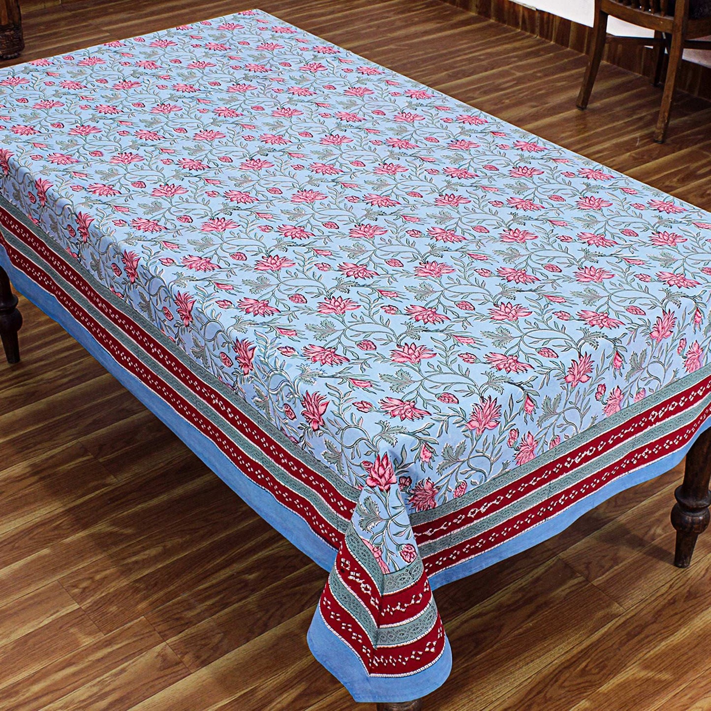 Cotton Blue and Faded Pink Hand Block Printed Cotton Tablecloth - My Store