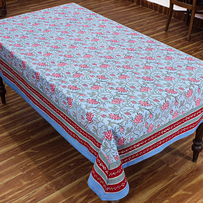Cotton Blue and Faded Pink Hand Block Printed Cotton Tablecloth - My Store