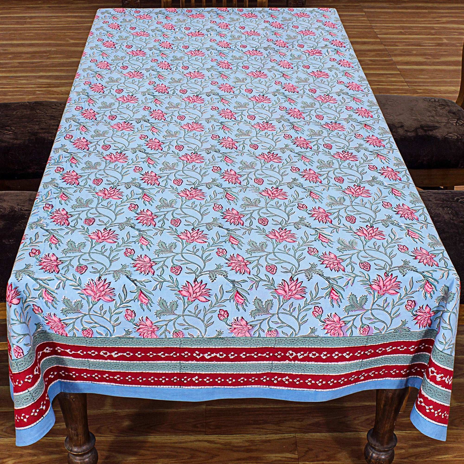 Cotton Blue and Faded Pink Hand Block Printed Cotton Tablecloth - My Store