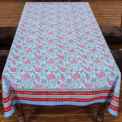 Cotton Blue and Faded Pink Hand Block Printed Cotton Tablecloth - My Store