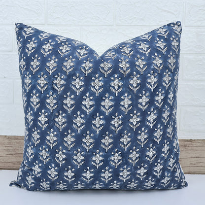 Hand Block Printed Indigo Floral Cushion Cover | Cotton Decorative Pillow