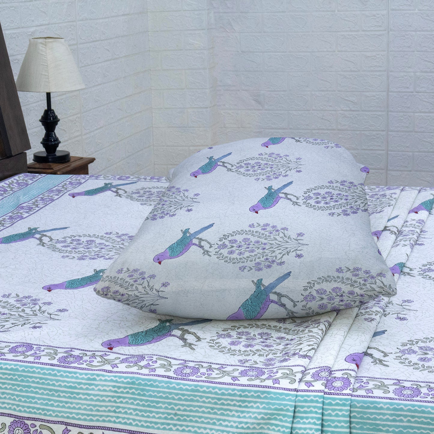 Indian Handmade Block Printed White and Purple Floral Pattern Cotton Bed sheet For living Room, Kids Room - My Store