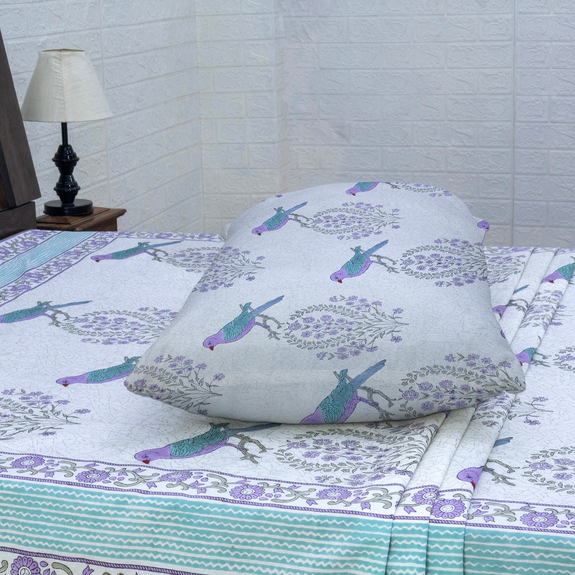 Indian Handmade Block Printed White and Purple Floral Pattern Cotton Bed sheet For living Room, Kids Room - My Store