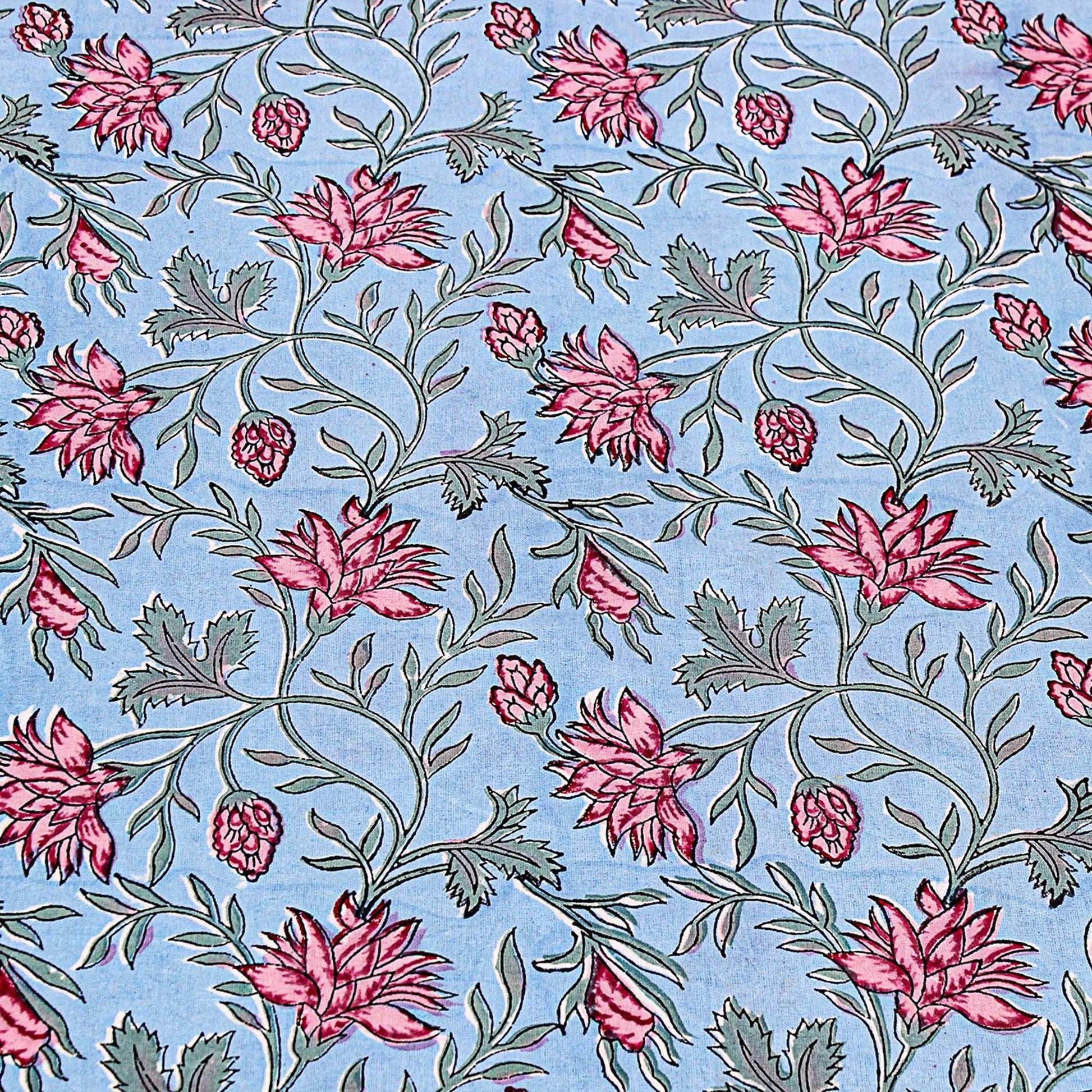 Cotton Blue and Faded Pink Hand Block Printed Cotton Tablecloth - My Store