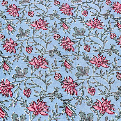 Cotton Blue and Faded Pink Hand Block Printed Cotton Tablecloth - My Store