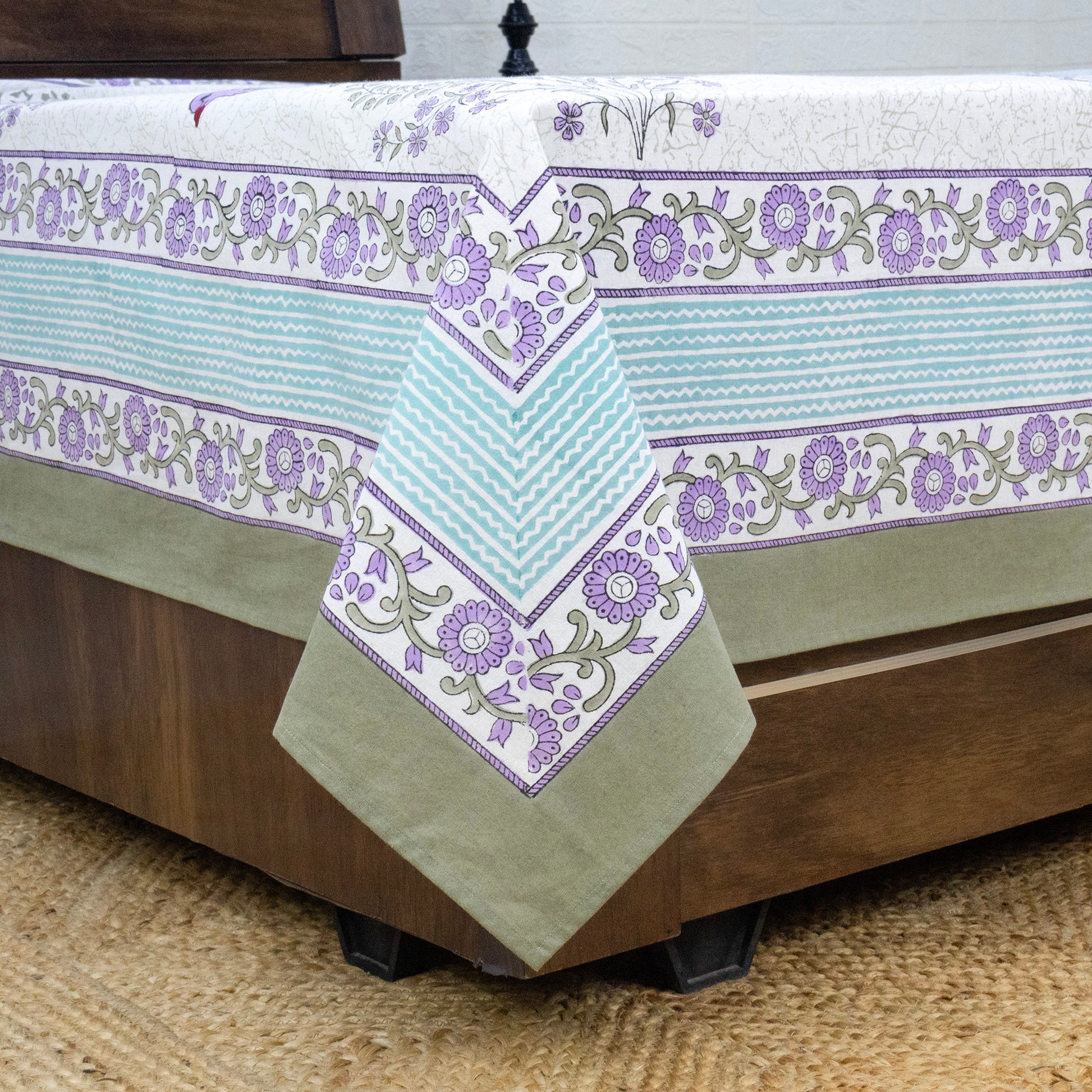 Indian Handmade Block Printed White and Purple Floral Pattern Cotton Bed sheet For living Room, Kids Room - My Store