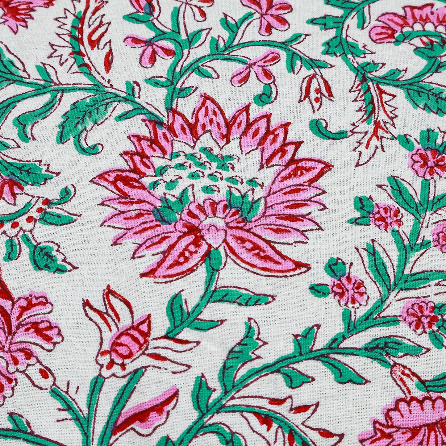 Floral Rectangle Table Cover Green and Pink Hand Block Printed Cotton Tablecloth - My Store