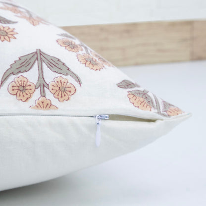 Hand Block Printed White Floral Cushion Cover | Cotton Decorative Pillow