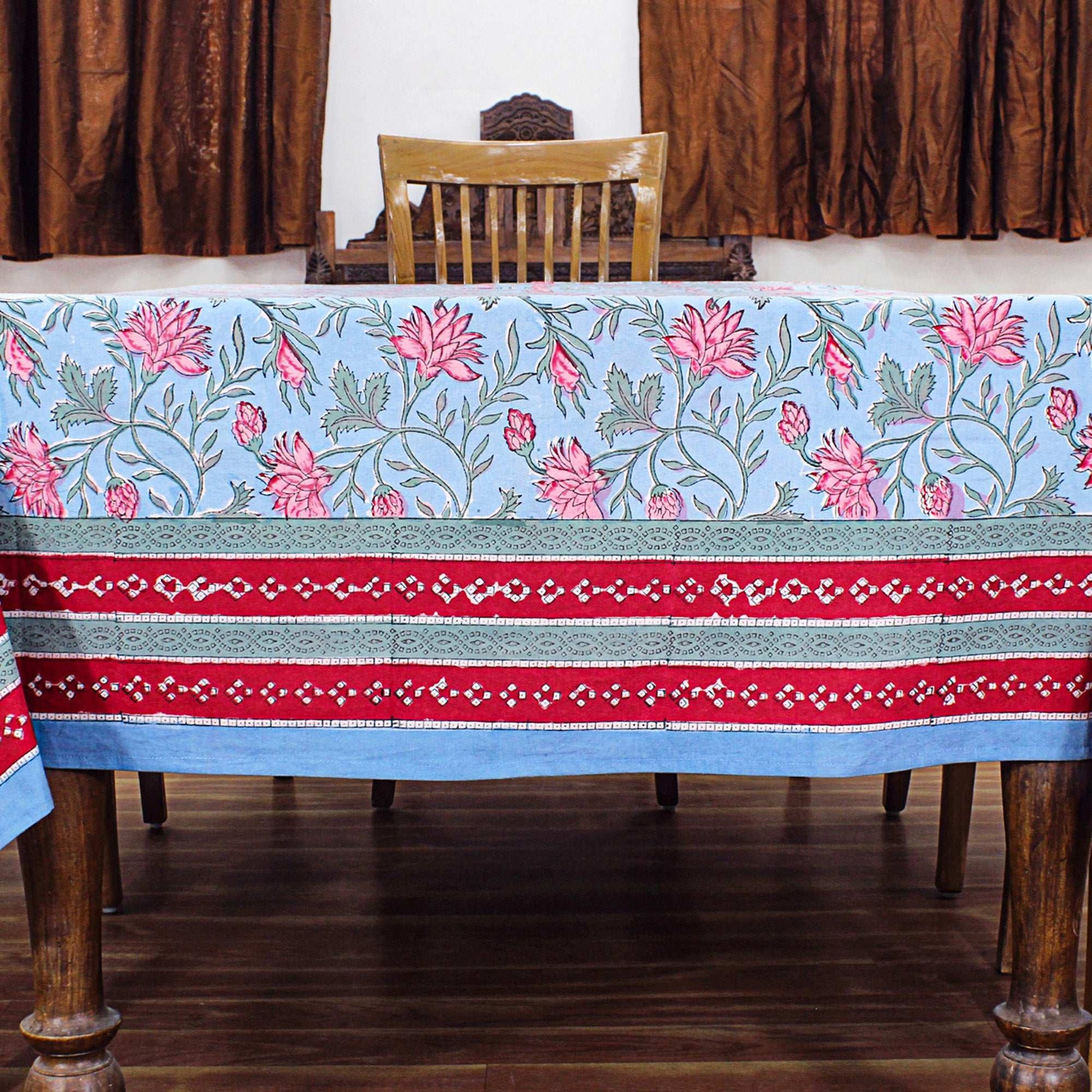 Cotton Blue and Faded Pink Hand Block Printed Cotton Tablecloth - My Store