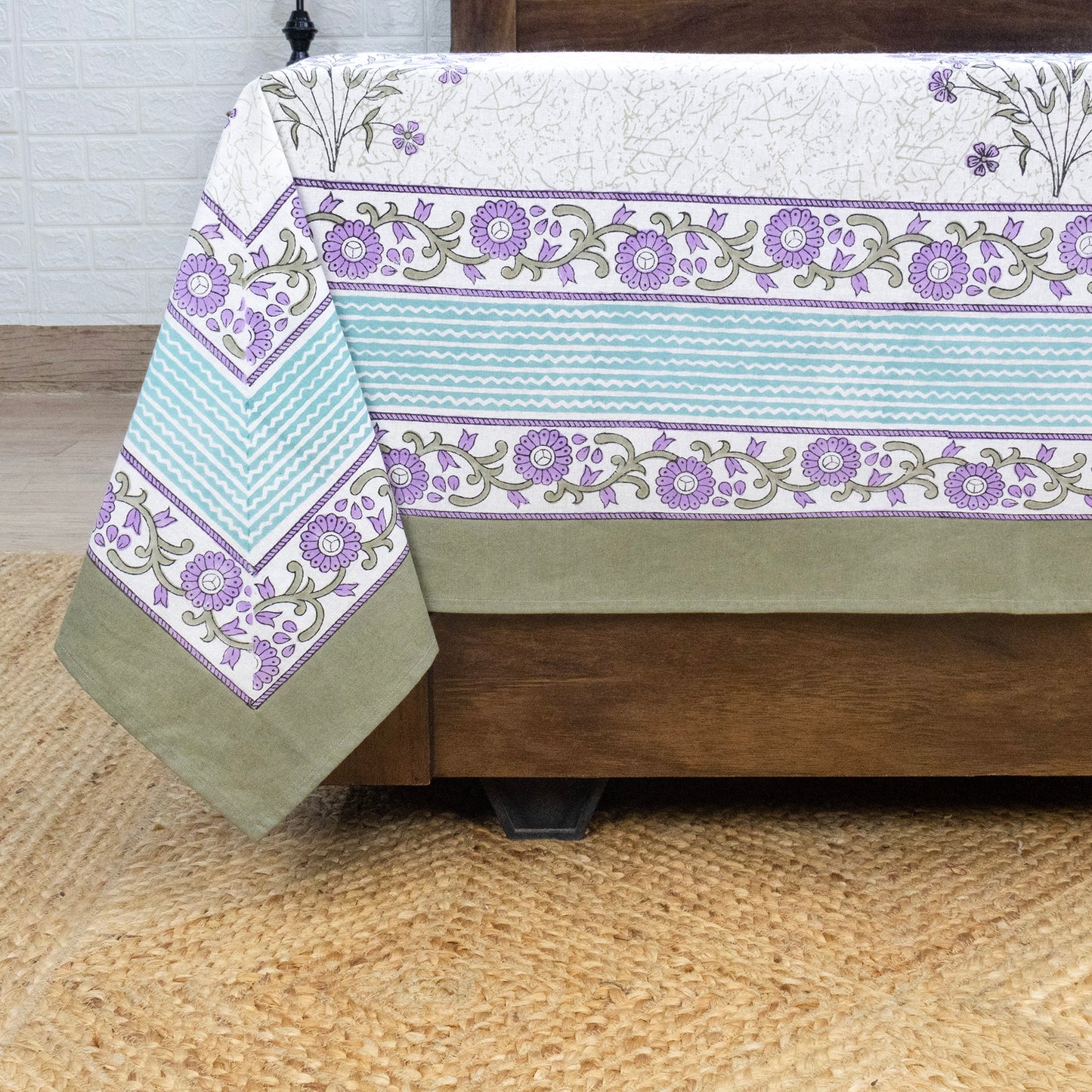 Indian Handmade Block Printed White and Purple Floral Pattern Cotton Bed sheet For living Room, Kids Room - My Store