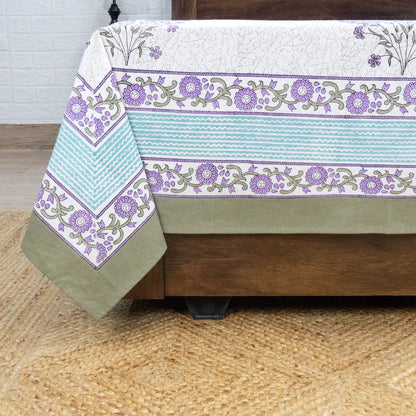 Indian Handmade Block Printed White and Purple Floral Pattern Cotton Bed sheet For living Room, Kids Room - My Store