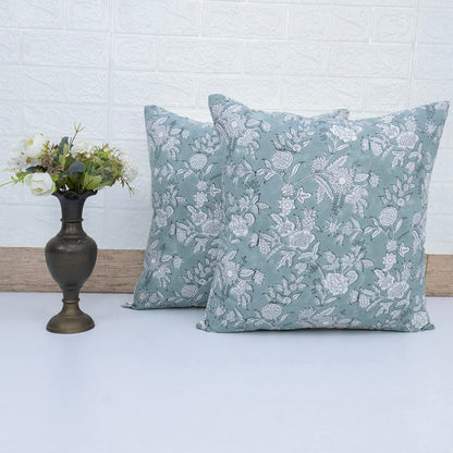 Hand Block Printed Teal Floral Cushion Cover | Cotton Decorative Pillow