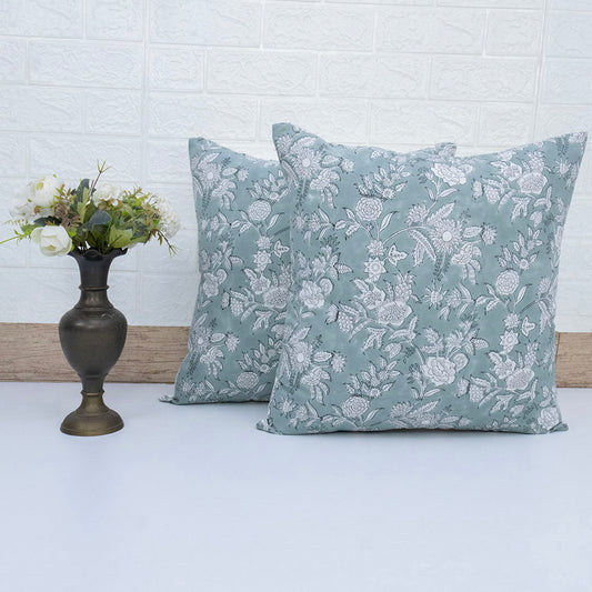 Hand Block Printed Teal Floral Cushion Cover | Cotton Decorative Pillow
