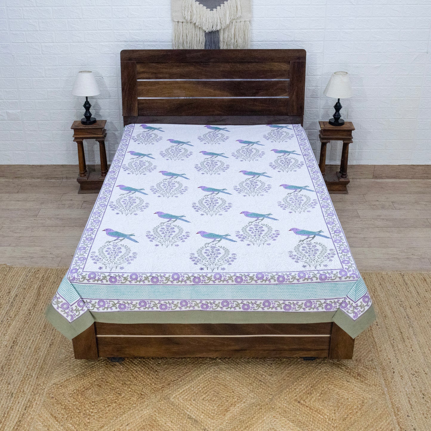 Indian Handmade Block Printed White and Purple Floral Pattern Cotton Bed sheet For living Room, Kids Room - My Store