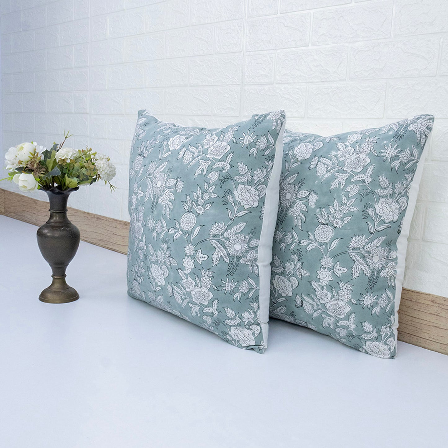 Hand Block Printed Teal Floral Cushion Cover | Cotton Decorative Pillow