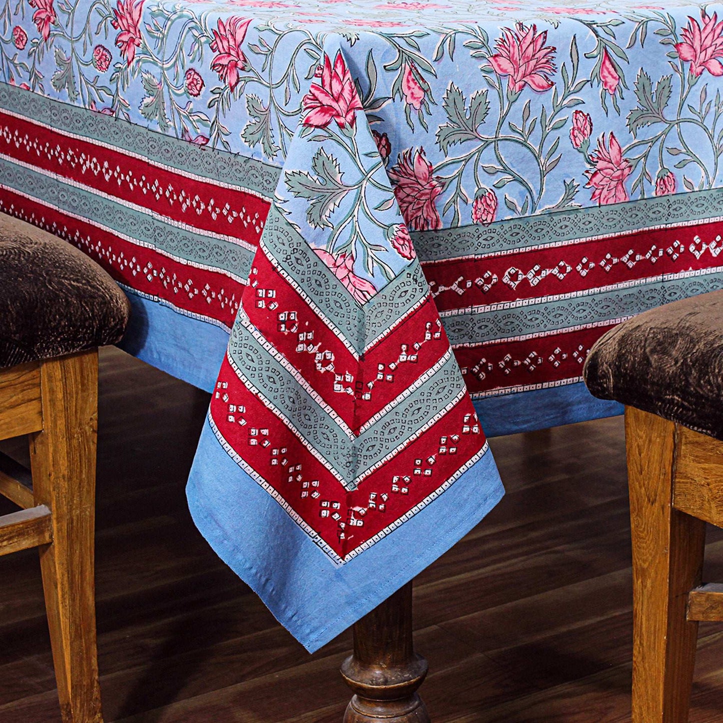 Cotton Blue and Faded Pink Hand Block Printed Cotton Tablecloth - My Store