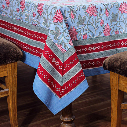 Cotton Blue and Faded Pink Hand Block Printed Cotton Tablecloth - My Store