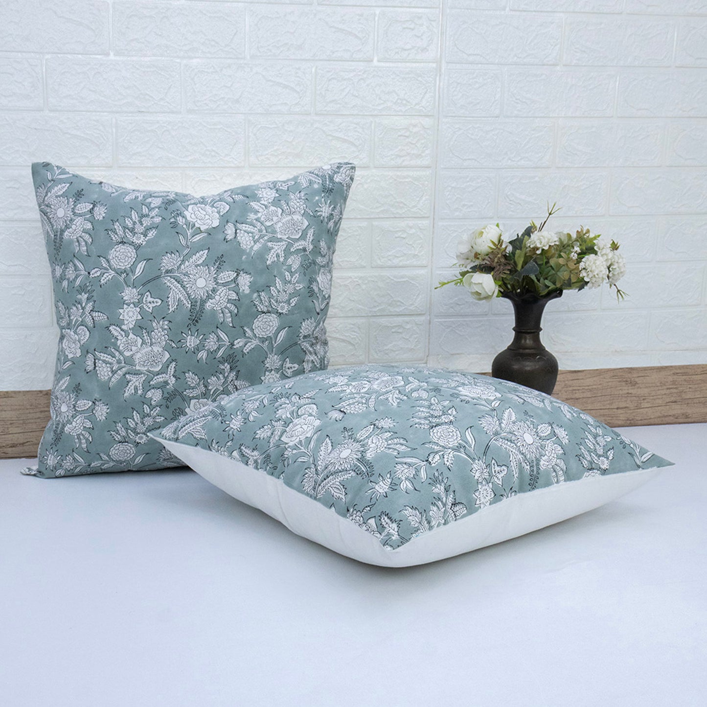 Hand Block Printed Teal Floral Cushion Cover | Cotton Decorative Pillow
