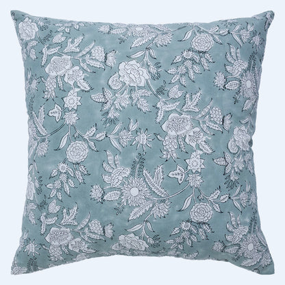 Hand Block Printed Teal Floral Cushion Cover | Cotton Decorative Pillow