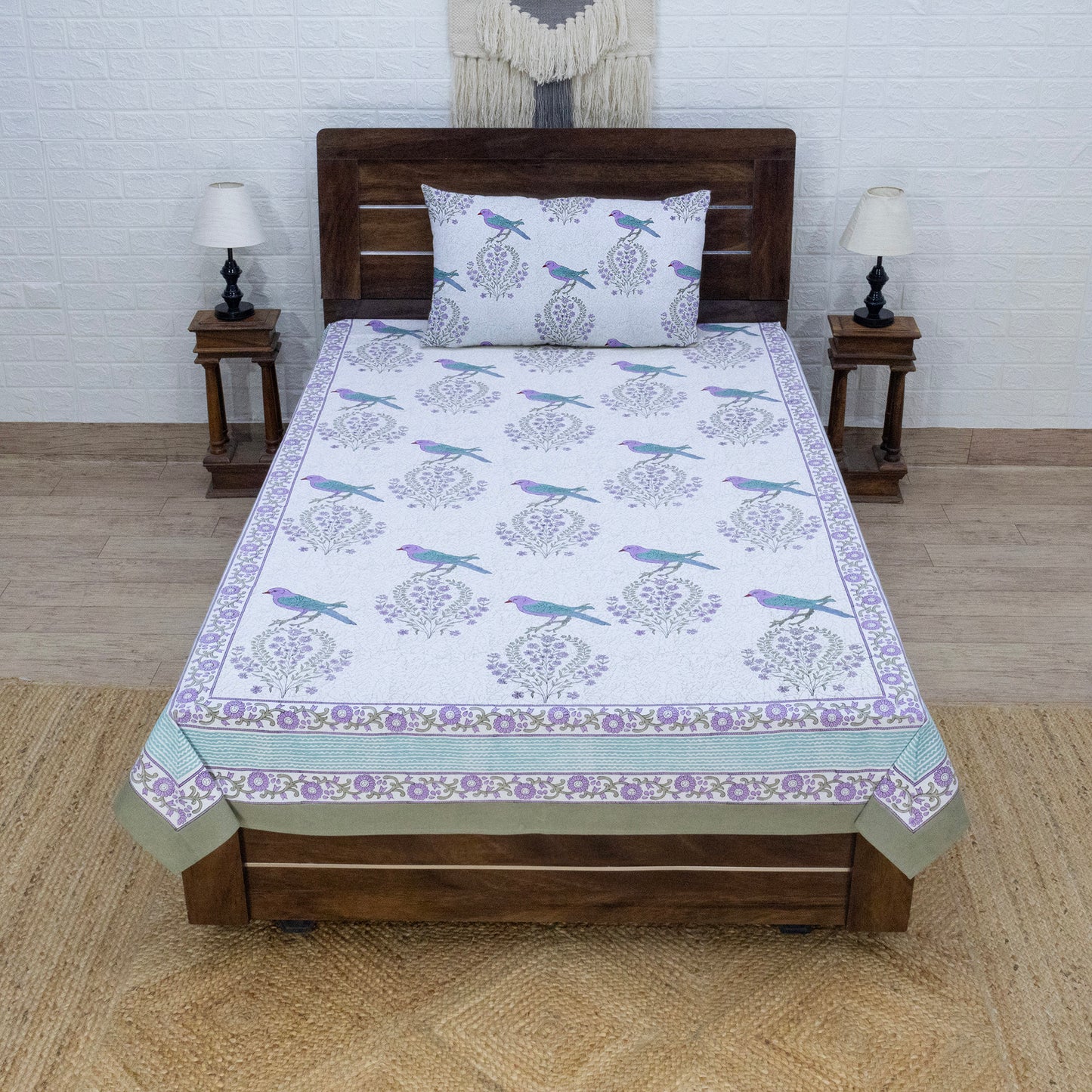 Indian Handmade Block Printed White and Purple Floral Pattern Cotton Bed sheet For living Room, Kids Room - My Store