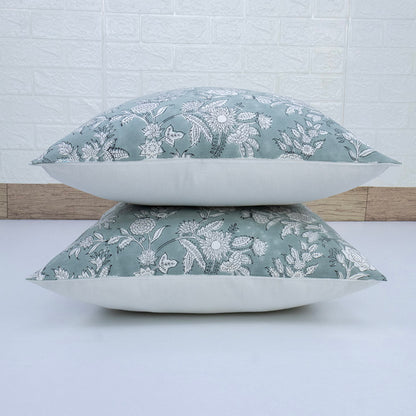 Hand Block Printed Teal Floral Cushion Cover | Cotton Decorative Pillow