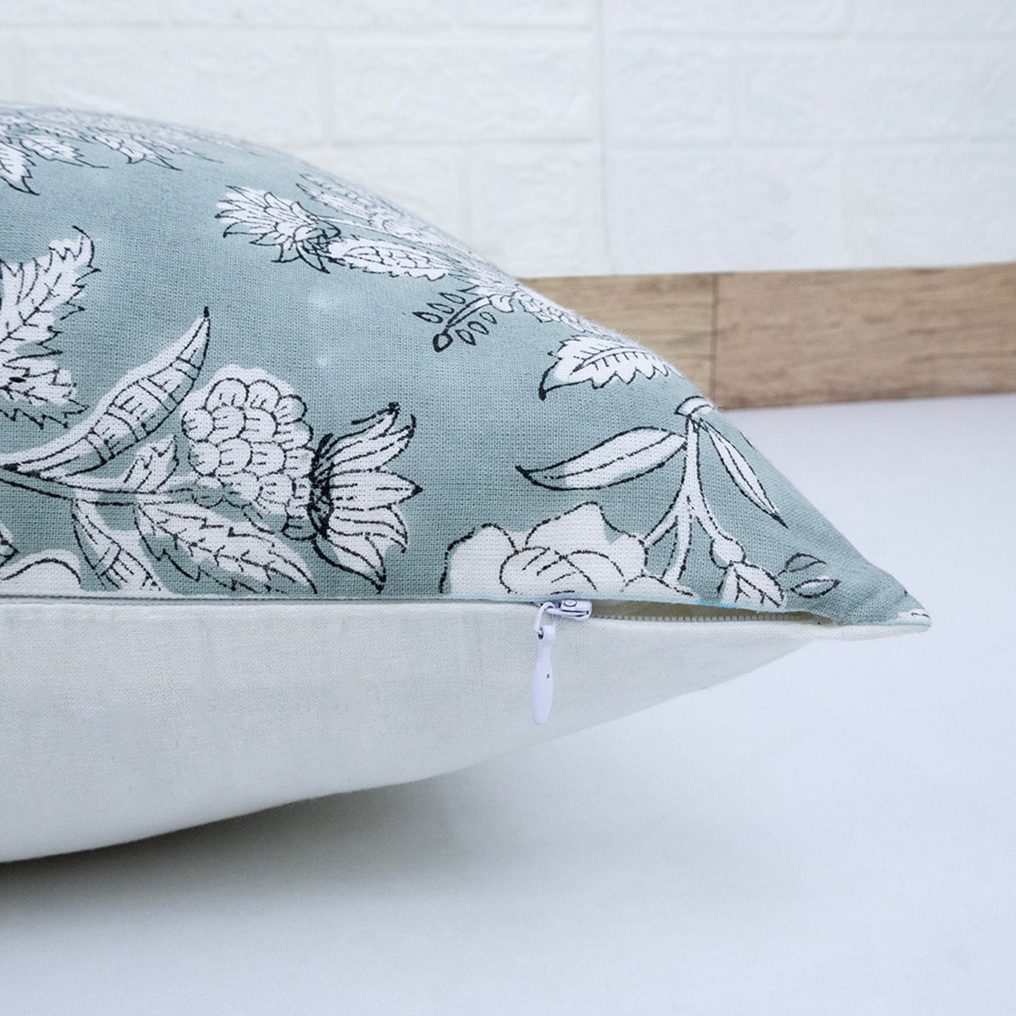 Hand Block Printed Teal Floral Cushion Cover | Cotton Decorative Pillow